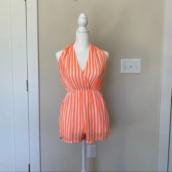CALS Orange and White Stripped Romper Shorts with Pockets and Plunging V Neck S - Picture 2 of 13